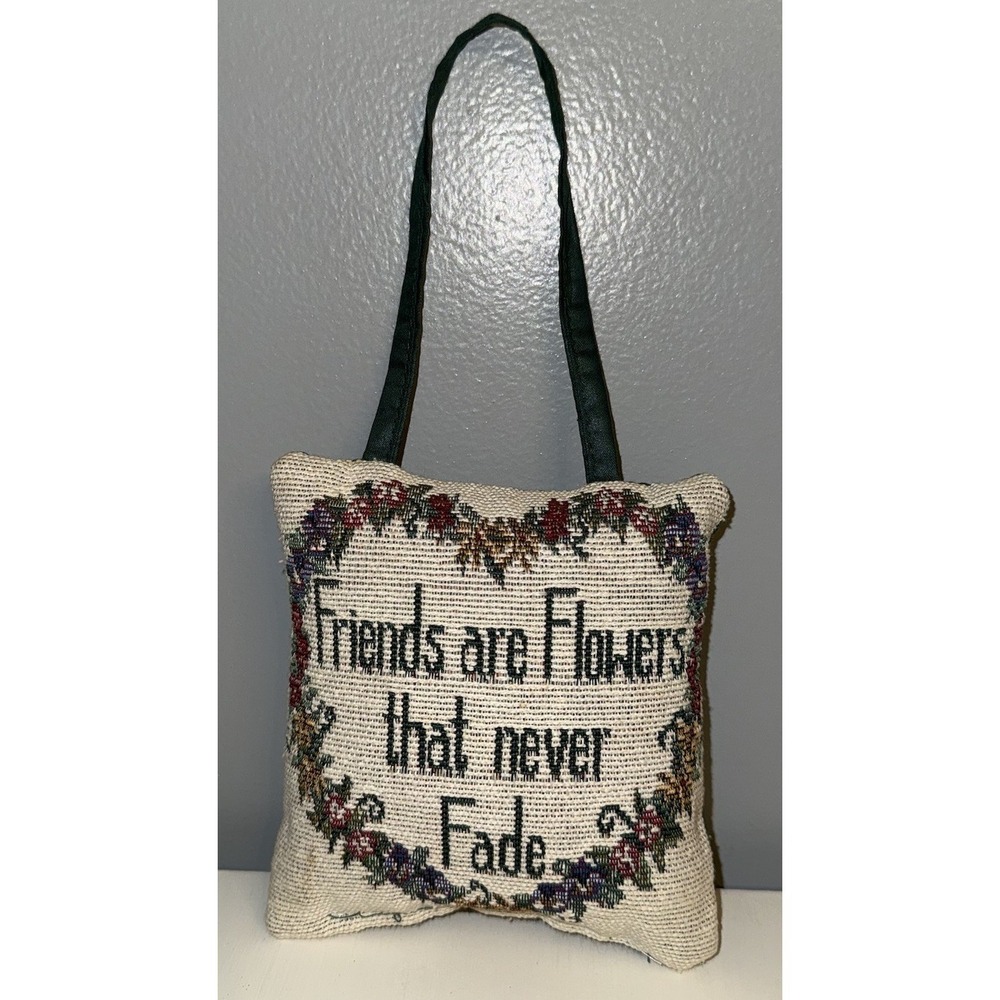 Friends Are Flowers' Tapestry Pillow Door Hanger Floral Heart/Green Back 6"
